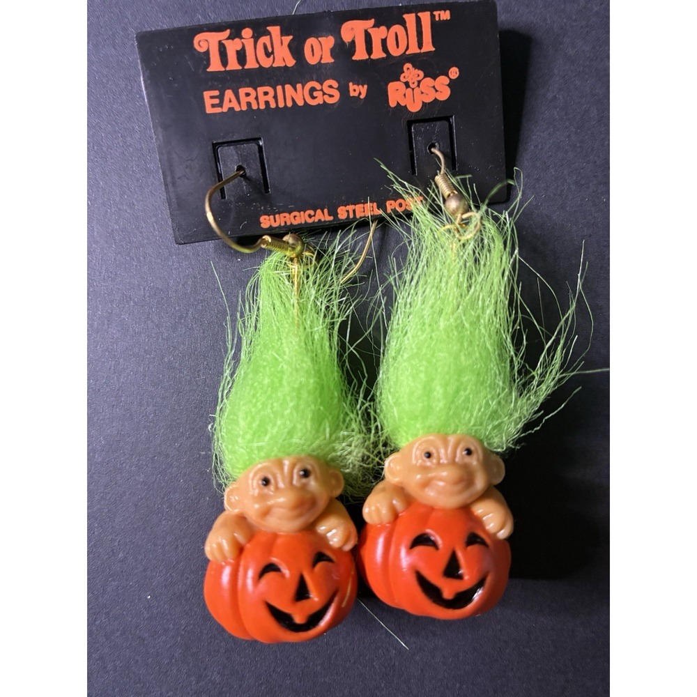 VTG Halloween Troll Doll Earrings RUSS Pumpkin Jack O Lantern Pierced Dangle y2k